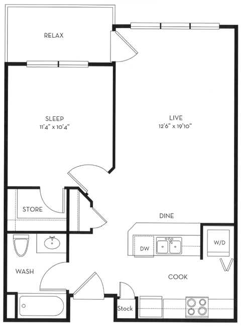 Floor plan for 1 bed, 1 bath, 677 sqft